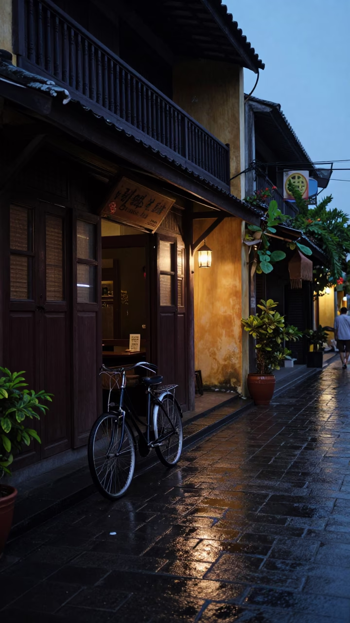 Predawn Hoi An Vietnam Street Scene with Bicycle and Wet Cobblestone Reflections in in Hoi An, Vietnam