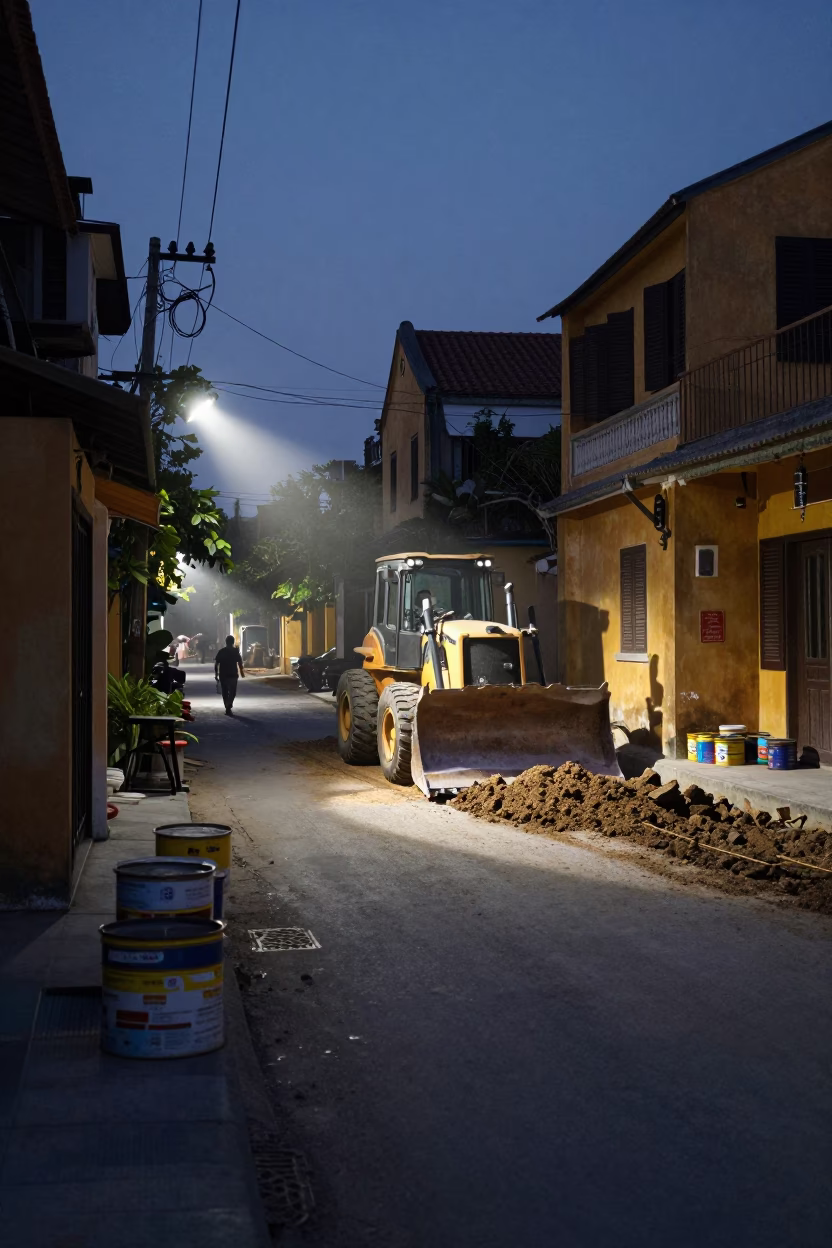 Predawn Hoi An Vietnam Street Scene with Construction and Storage Tins in in Hoi An, Vietnam