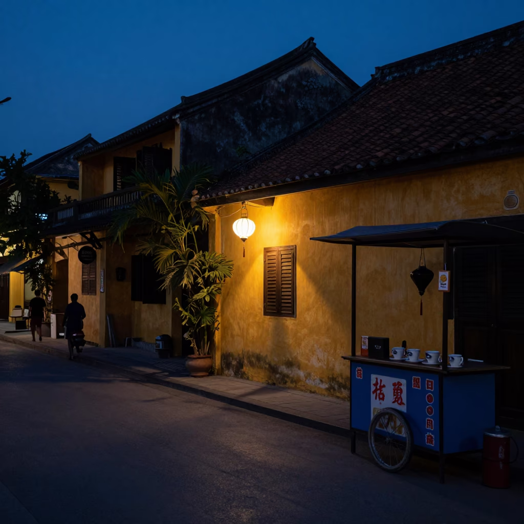 Predawn Hoi An Vietnam street scene with lanterns and coffee stall in in Hoi An, Vietnam