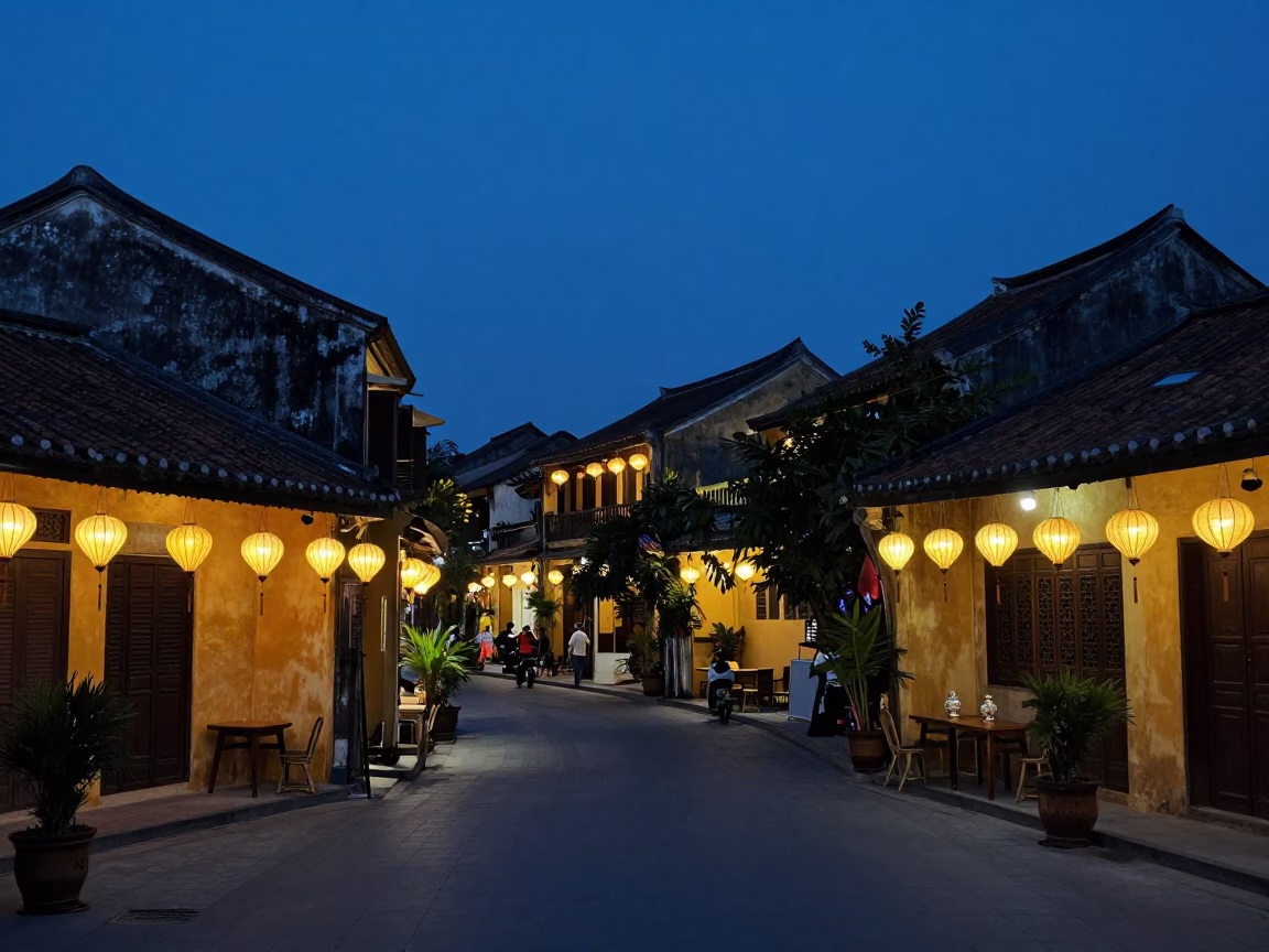 Predawn Hoi An Vietnam Street Scene with Lanterns and Local Commerce in in Hoi An, Vietnam