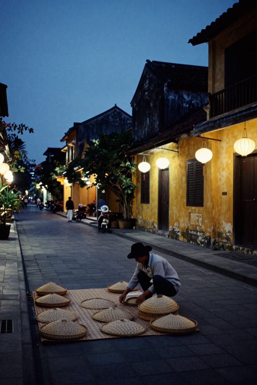 Predawn Hoi An Vietnam Street Scene with Lanterns and Woven Mats in in Hoi An, Vietnam