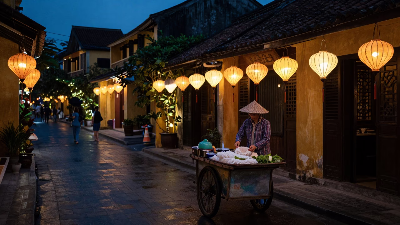 Predawn Hoi An Vietnam street scene with local vendor and traditional lanterns in in Hoi An, Vietnam