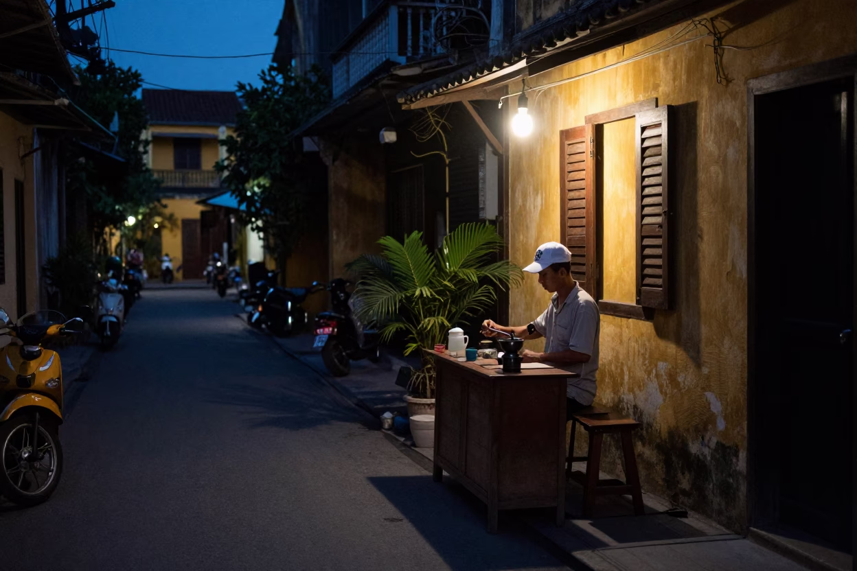 Predawn Hoi An Vietnam Street Scene with Vintage Coffee Grinder and Tile Light in in Hoi An, Vietnam