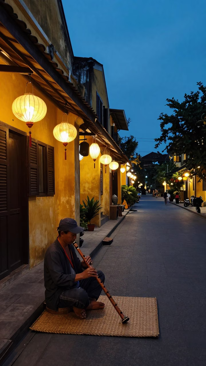 Predawn Hoi An Vietnam street scene with wooden flute and lanterns in in Hoi An, Vietnam