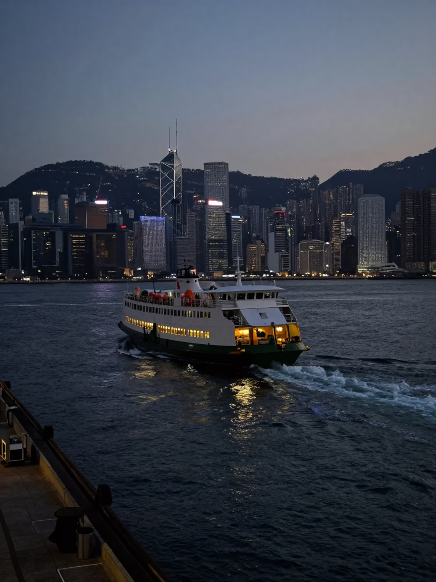 Predawn Hong Kong Ferry Departure with Mountain Silhouettes and Harbor Lights in in Hong Kong, Hong Kong