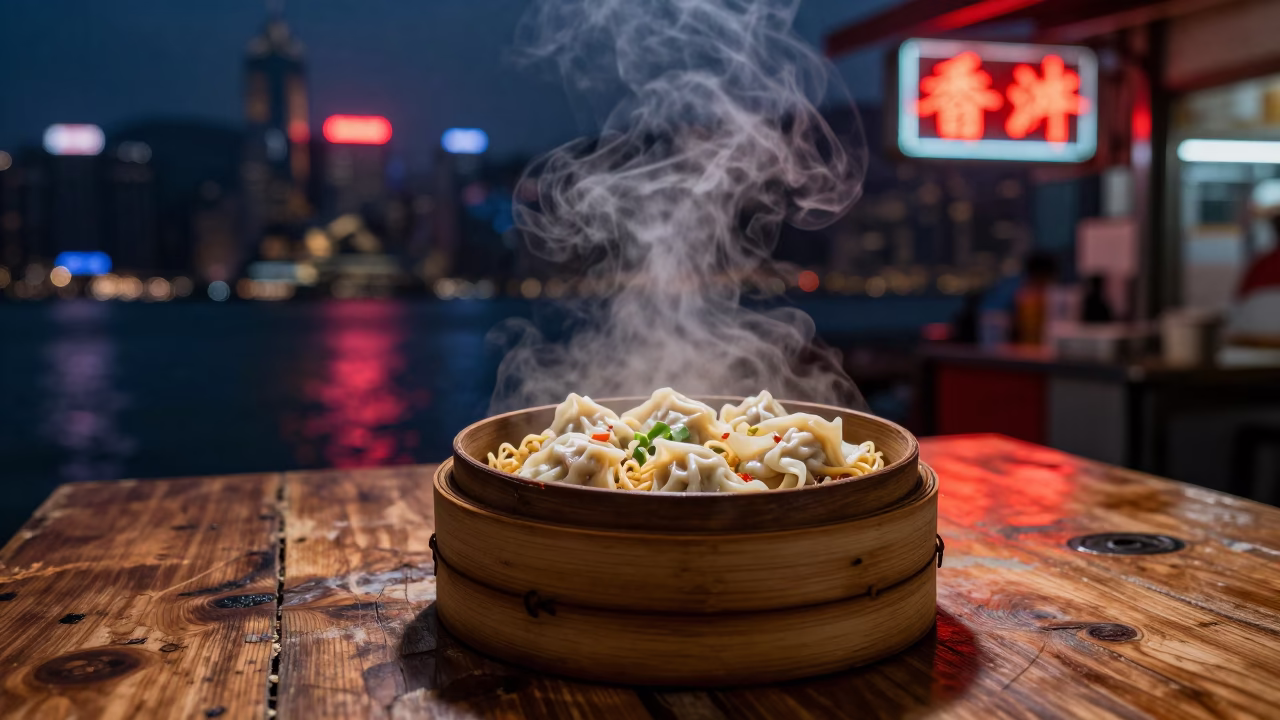 Predawn Hong Kong Street Food Stall Steam and Neon Reflections in in Hong Kong, Hong Kong