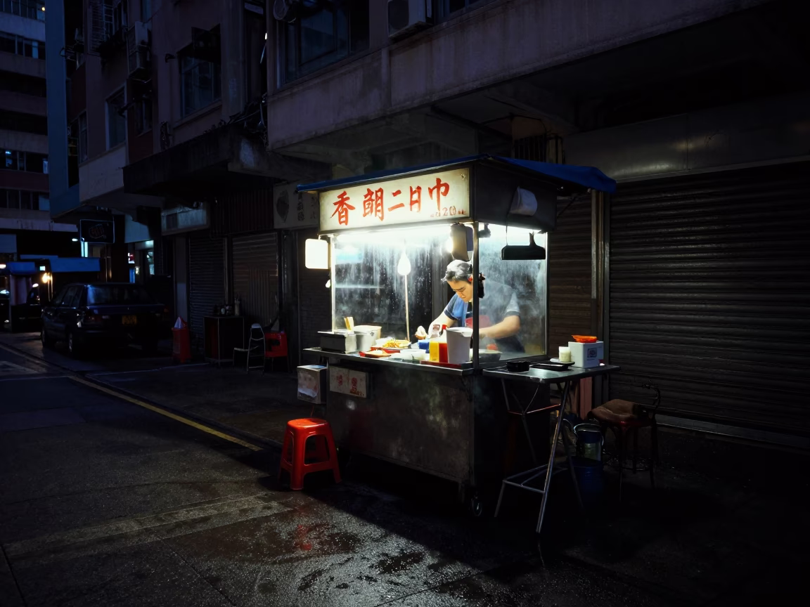 Predawn Hong Kong Street Food Stall with Condensation and Folding Chairs in in Hong Kong, Hong Kong