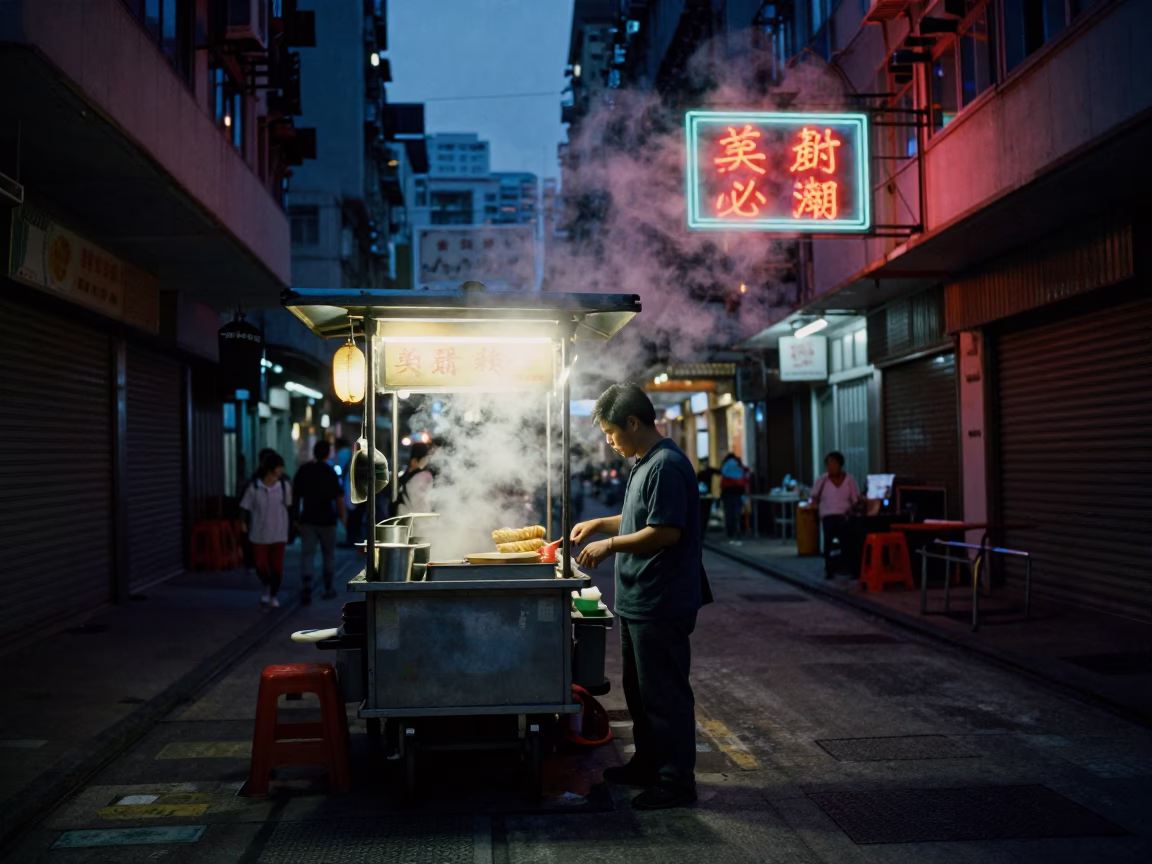 Predawn Hong Kong Street Food Stall with Steam and Neon Lights in in Hong Kong, Hong Kong