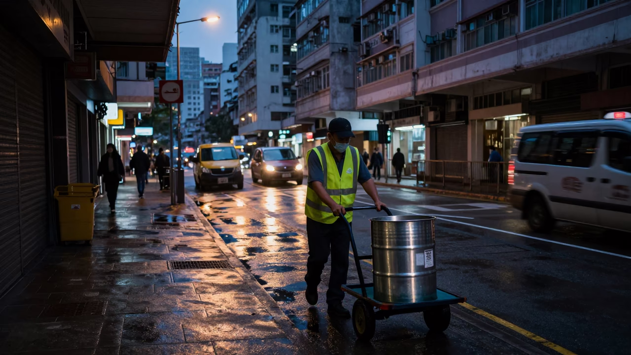 Predawn Hong Kong Street Scene with Brushed Steel Bucket and Wet Pavement Reflections in in Hong Kong, Hong Kong