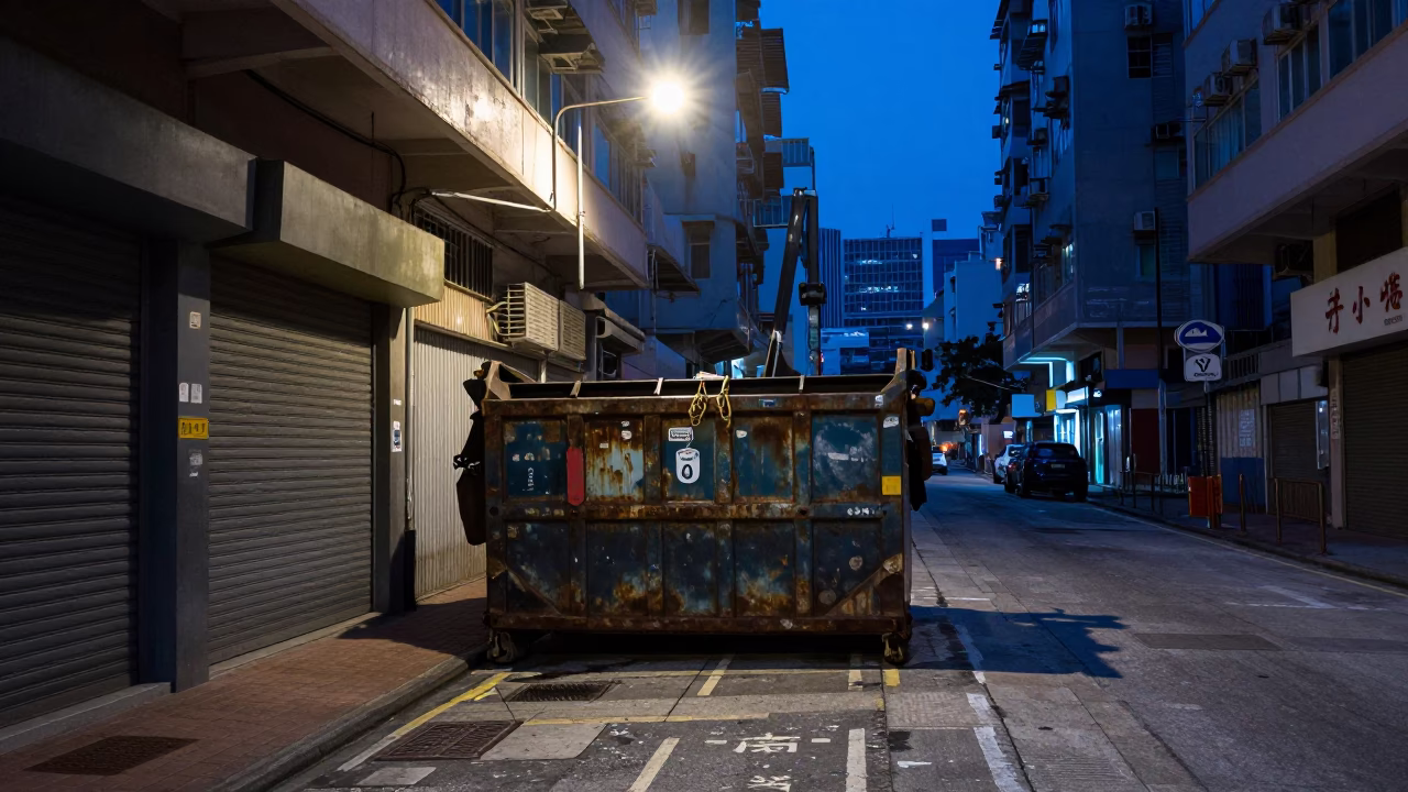 Predawn Hong Kong Street Scene with Demolition Dumpster and Blue Porcelain Bowl in in Hong Kong, Hong Kong