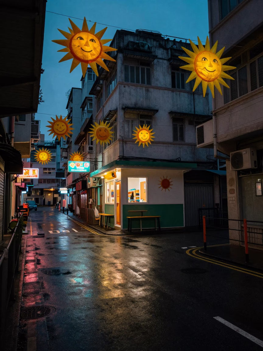 Predawn Hong Kong Street Scene with Handmade Tissue Paper Suns in Preschool Window in in Hong Kong, Hong Kong