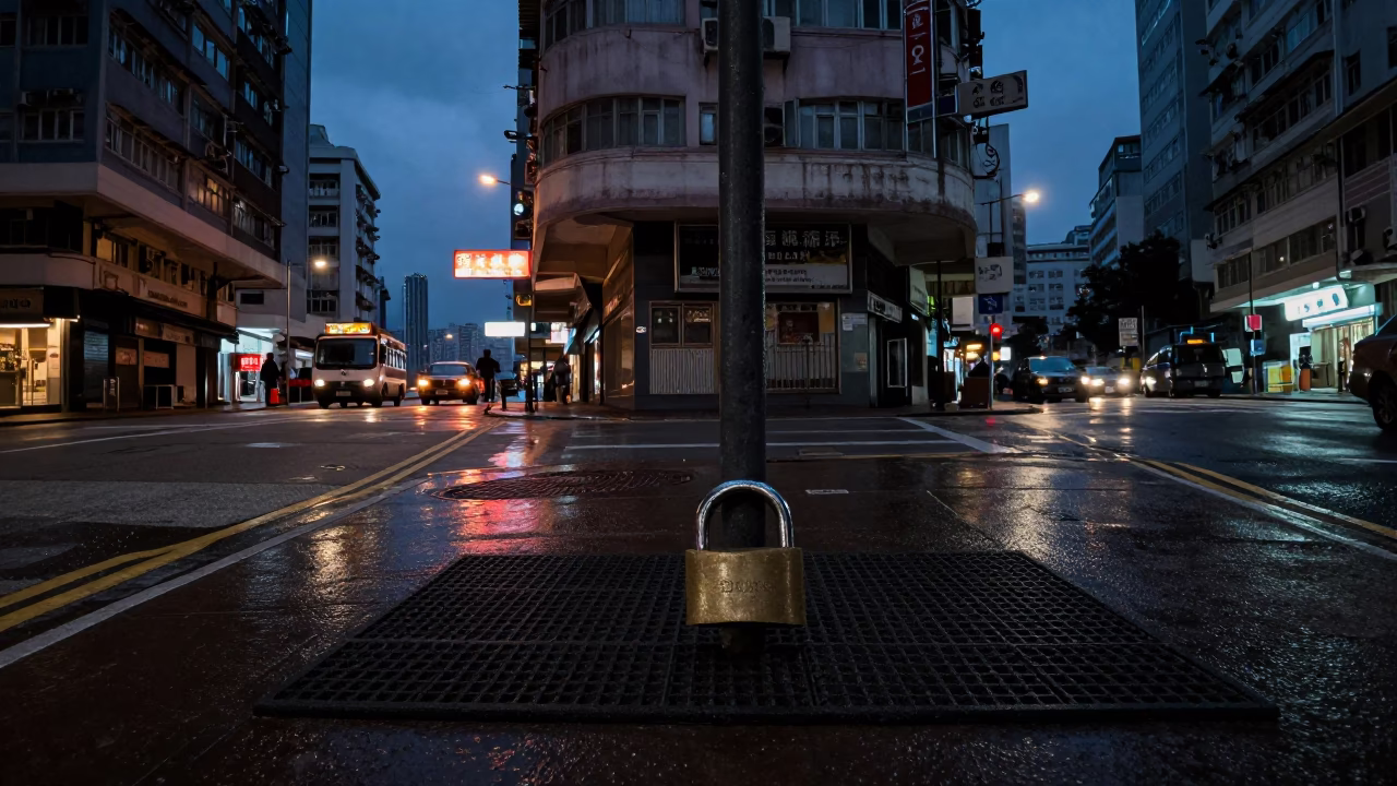 Predawn Hong Kong Street Scene with Padlock and Doormat in 1990s Realism in in Hong Kong, Hong Kong