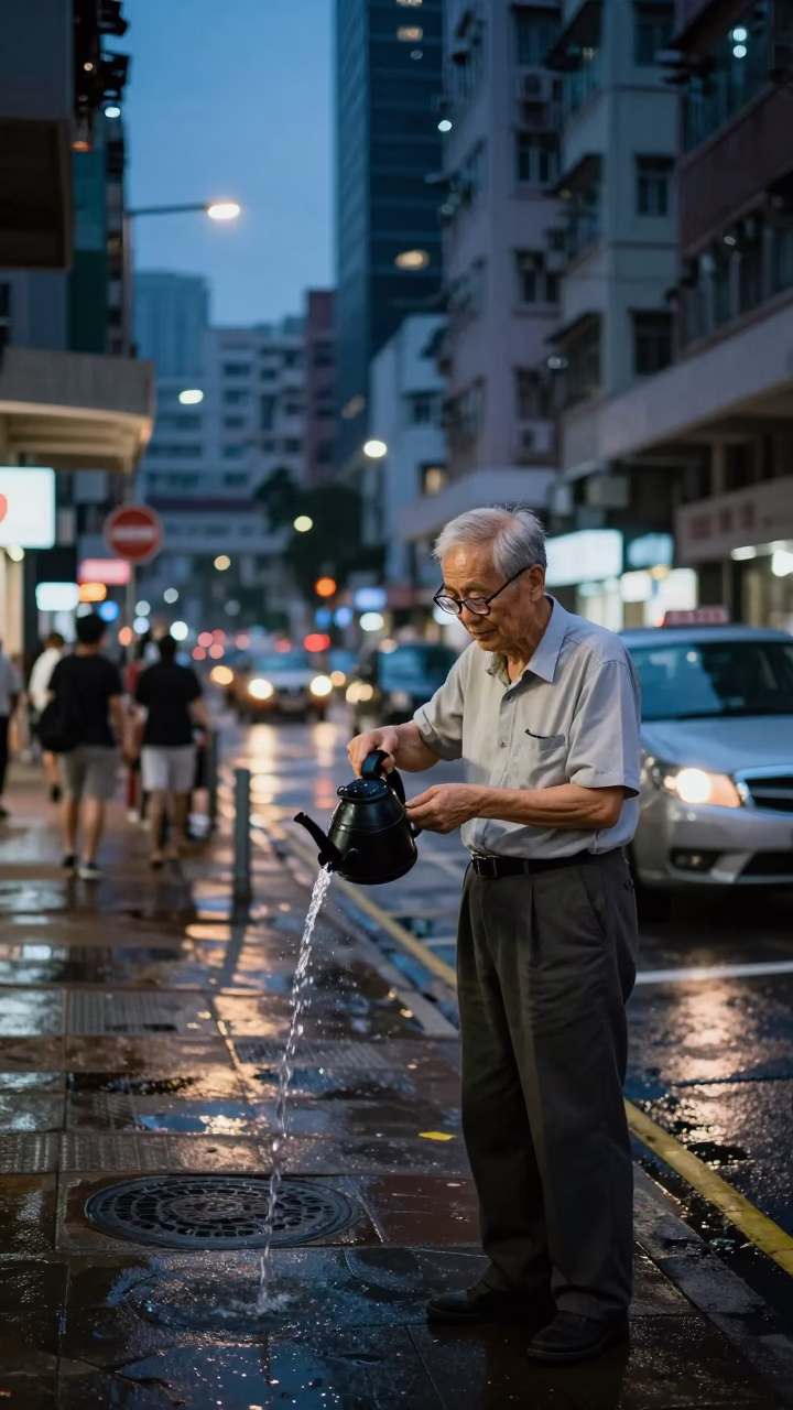 Predawn Hong Kong Street Scene with Retired Astronomer and Watering Jug in in Hong Kong, Hong Kong