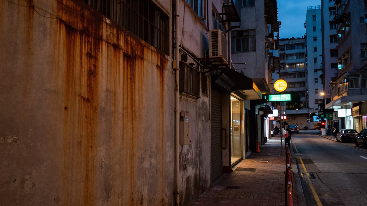 Predawn Hong Kong Street Scene with Rusty Wall and Neon Reflections in in Hong Kong, Hong Kong
