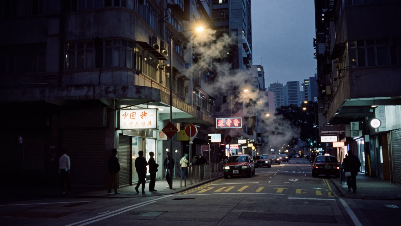 Predawn Hong Kong Street Scene with Steam and Urban Architecture in in Hong Kong, Hong Kong