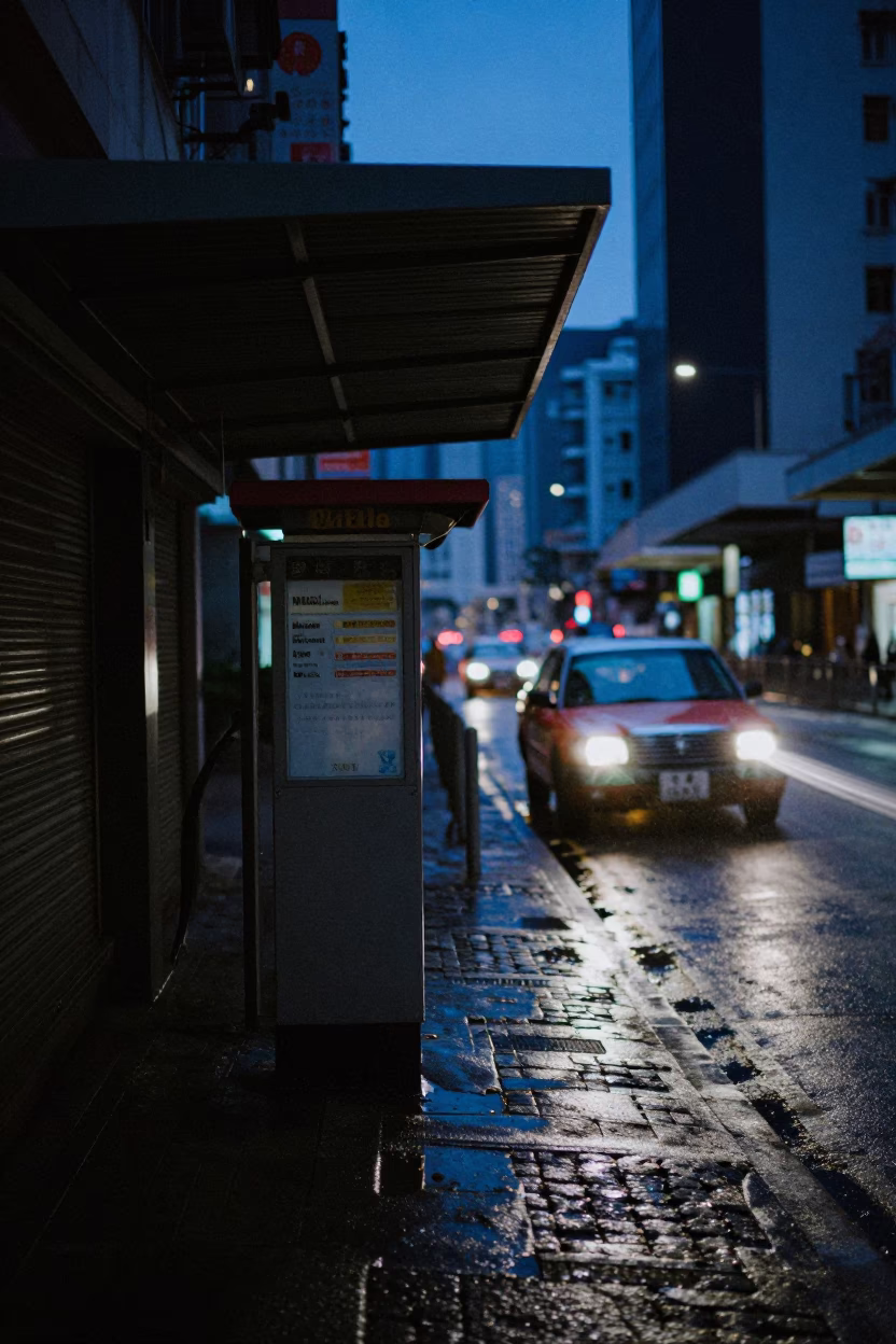 Predawn Hong Kong Street Scene with Valet Stand and Headlight Reflections in Rain in in Hong Kong, Hong Kong
