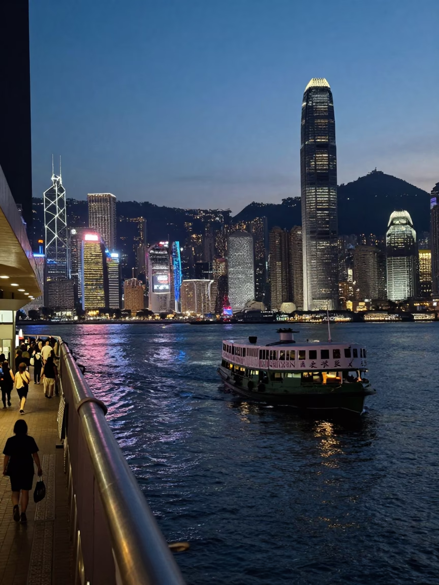 Predawn Hong Kong Street Scene with Water Taxi and Urban Life in 1980s in in Hong Kong, Hong Kong