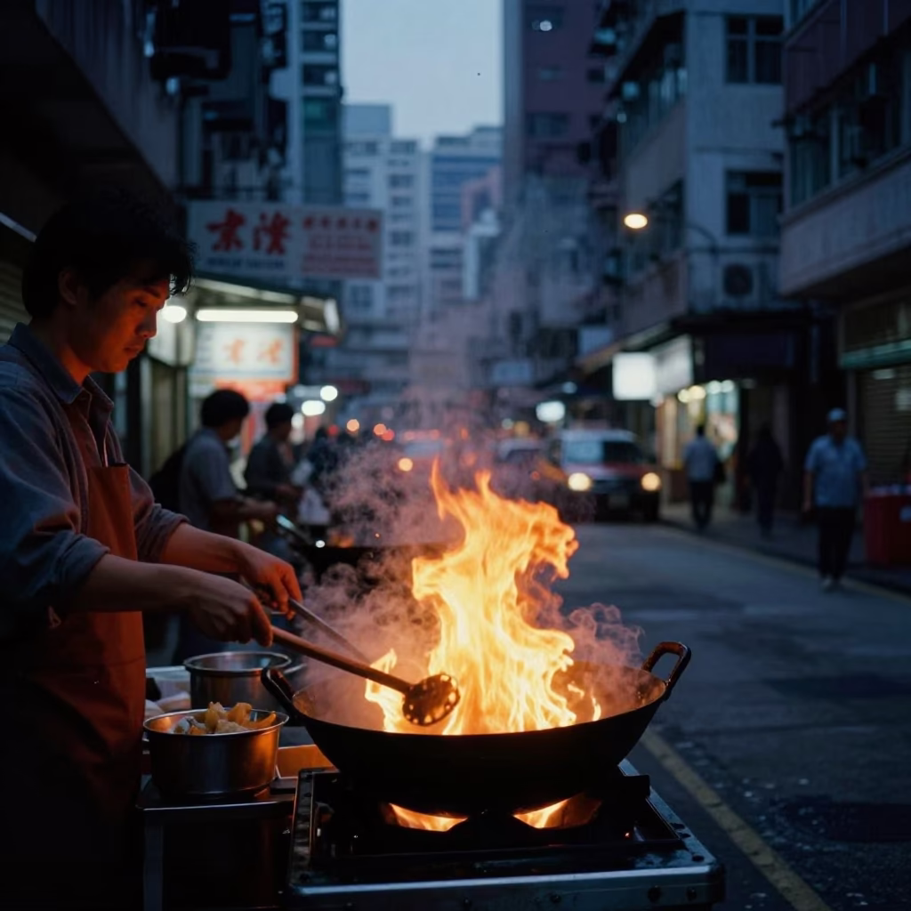 Predawn Hong Kong Street Scene with Wok Flames and Urban Architecture in in Hong Kong, Hong Kong