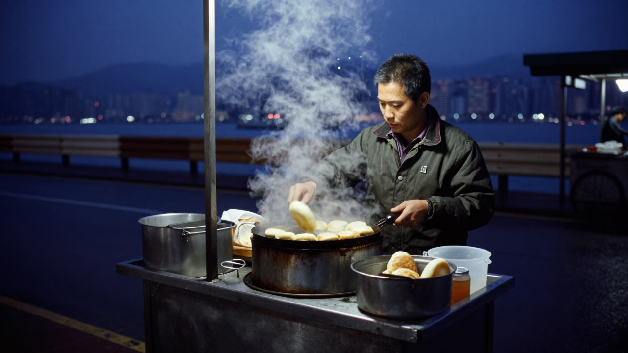 Predawn Hong Kong Street Vendor Cooking Breakfast with Condensation and Steam in Darkness in in Hong Kong, Hong Kong