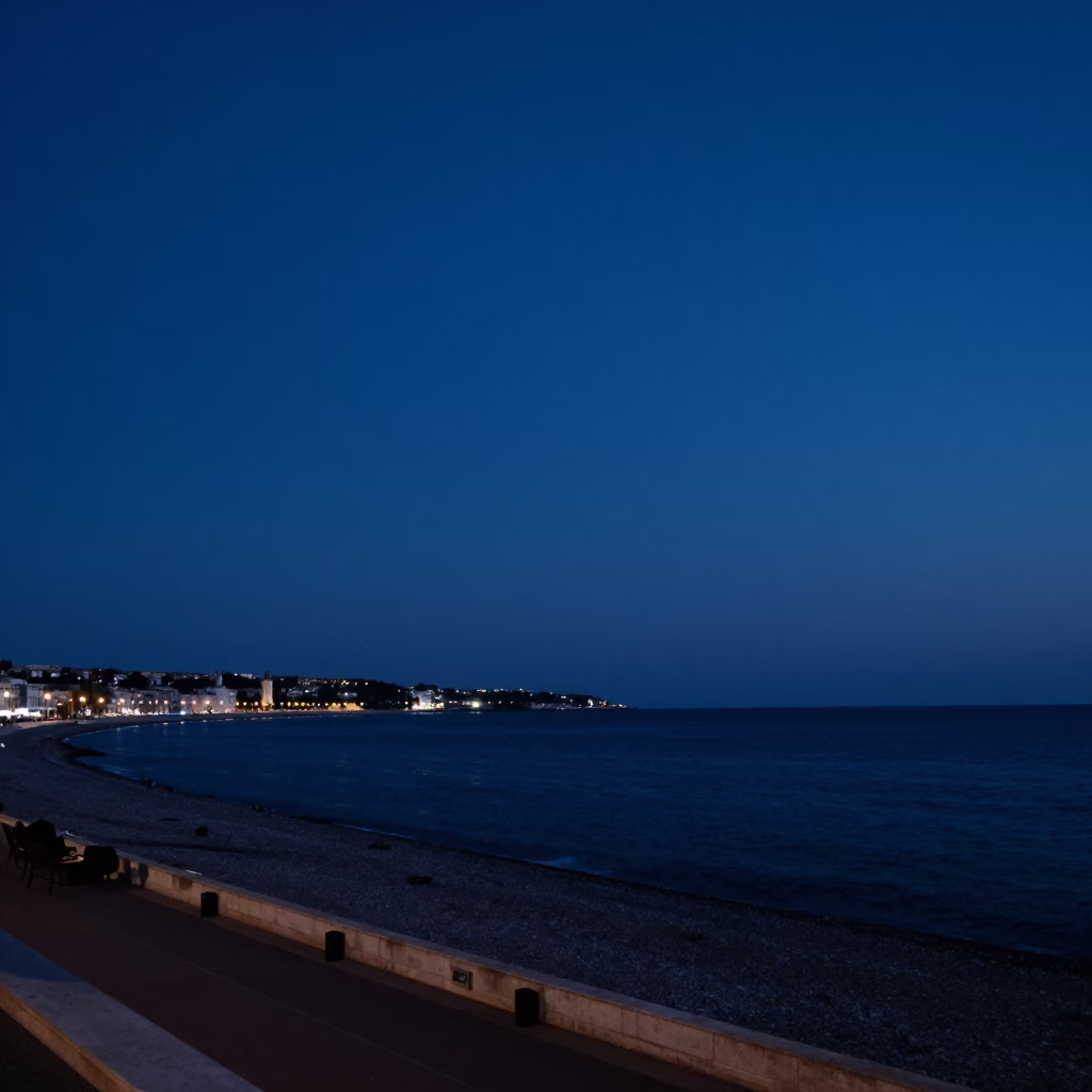 Predawn Horizon of Nice France with Coastal Light and Urban Street Details in in Nice, France