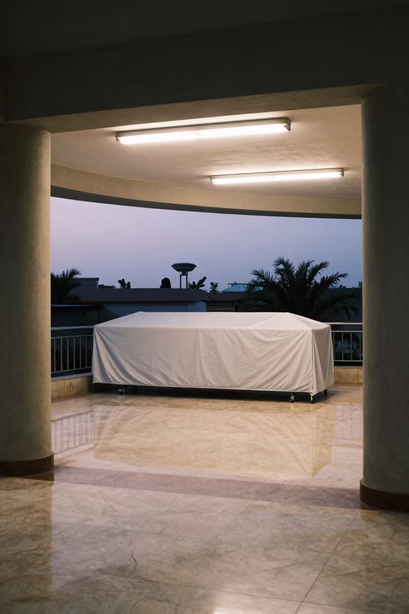 Predawn Hotel Lobby Rooftop Heater Cover in inside a hotel lobby in Harare