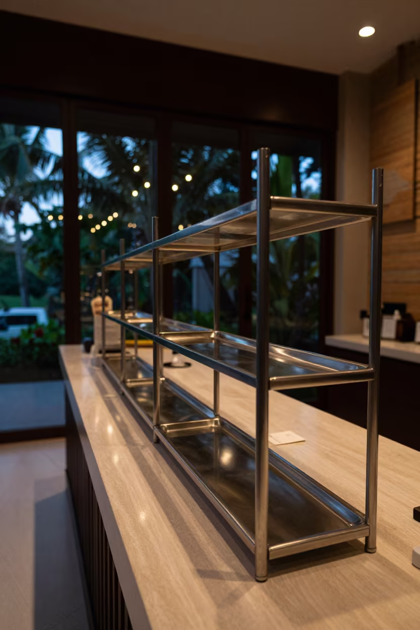Predawn Hotel Service Shelf in Warm Light in at a reception desk under warm light in Phuket