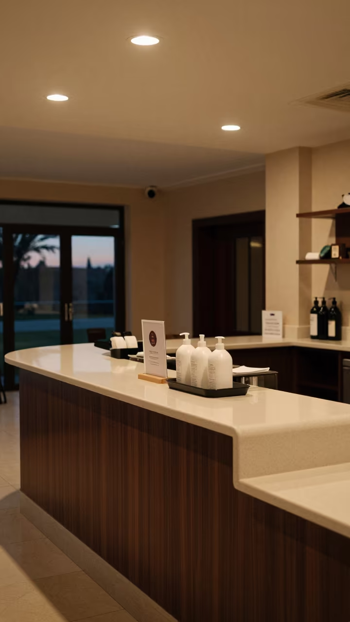 Predawn Housekeeping Caddy in Béchar Hotel Lobby in inside a hotel lobby in Béchar