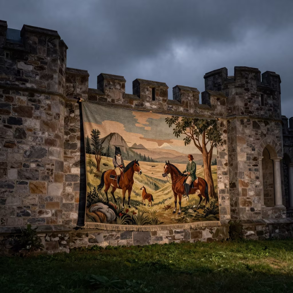 Predawn Hunting Tapestry on US Castle Wall in along a colonnaded facade in United States
