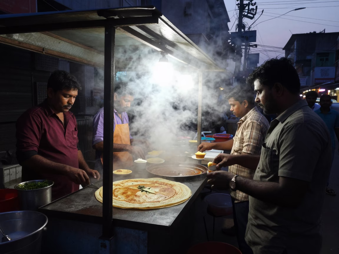 Predawn Hyderabad street food stall with steam haze and palm tree avenue lighting in in Hyderabad, India