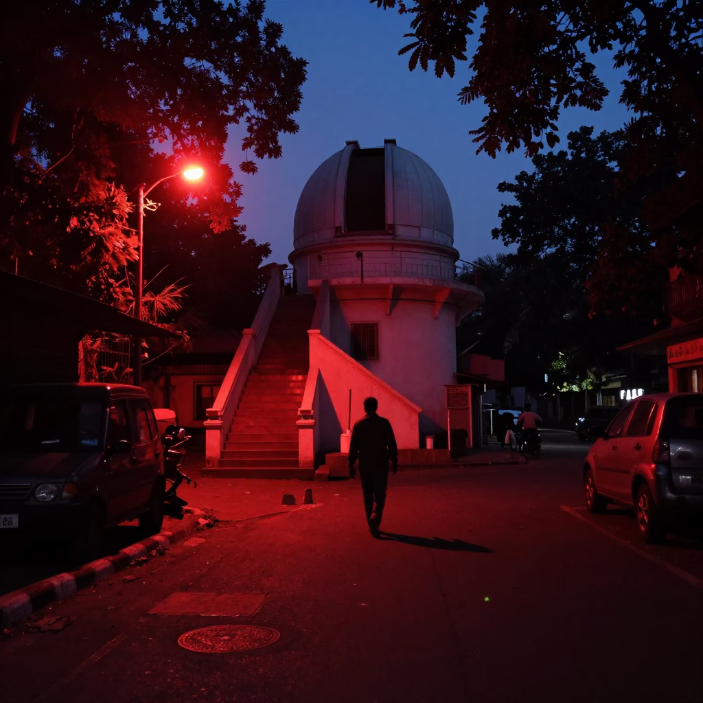 Predawn Hyderabad street scene with dim red light and local morning activity in in Hyderabad, India