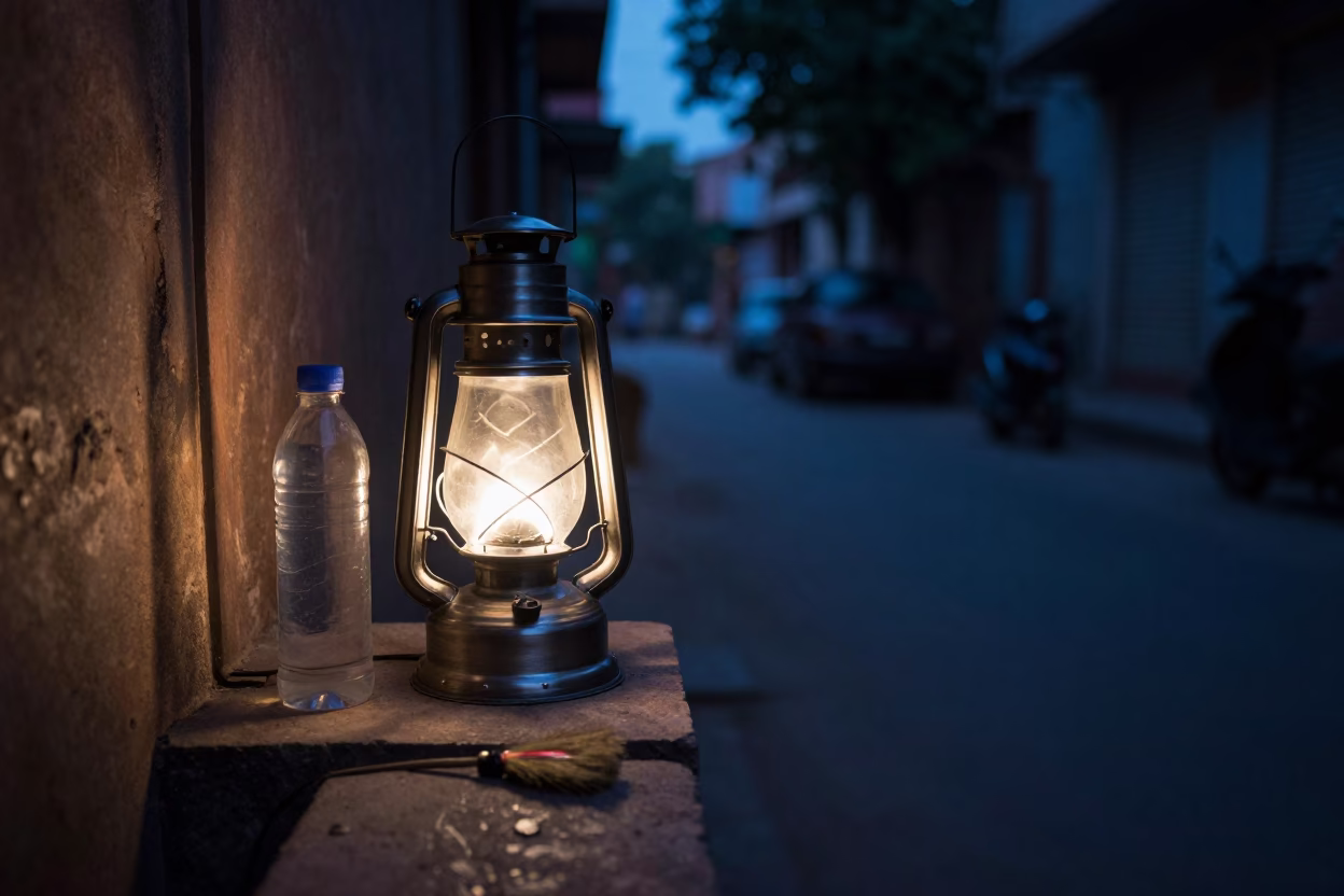 Predawn Hyderabad Street Scene with Hurricane Lamp and Brushed Steel Bottle in in Hyderabad, India