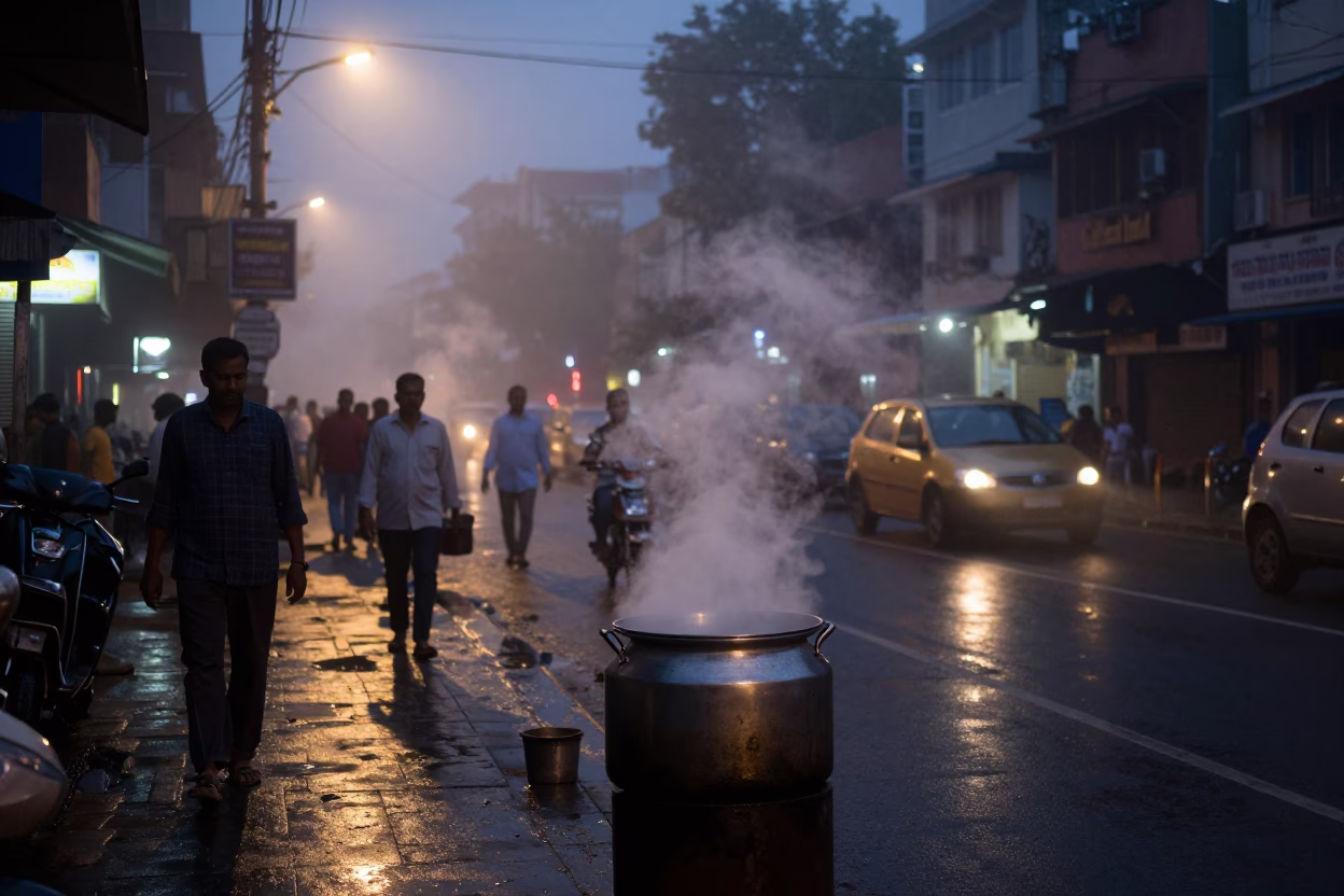 Predawn Hyderabad street scene with misty city lights and local vendor preparing tea stall in in Hyderabad, India