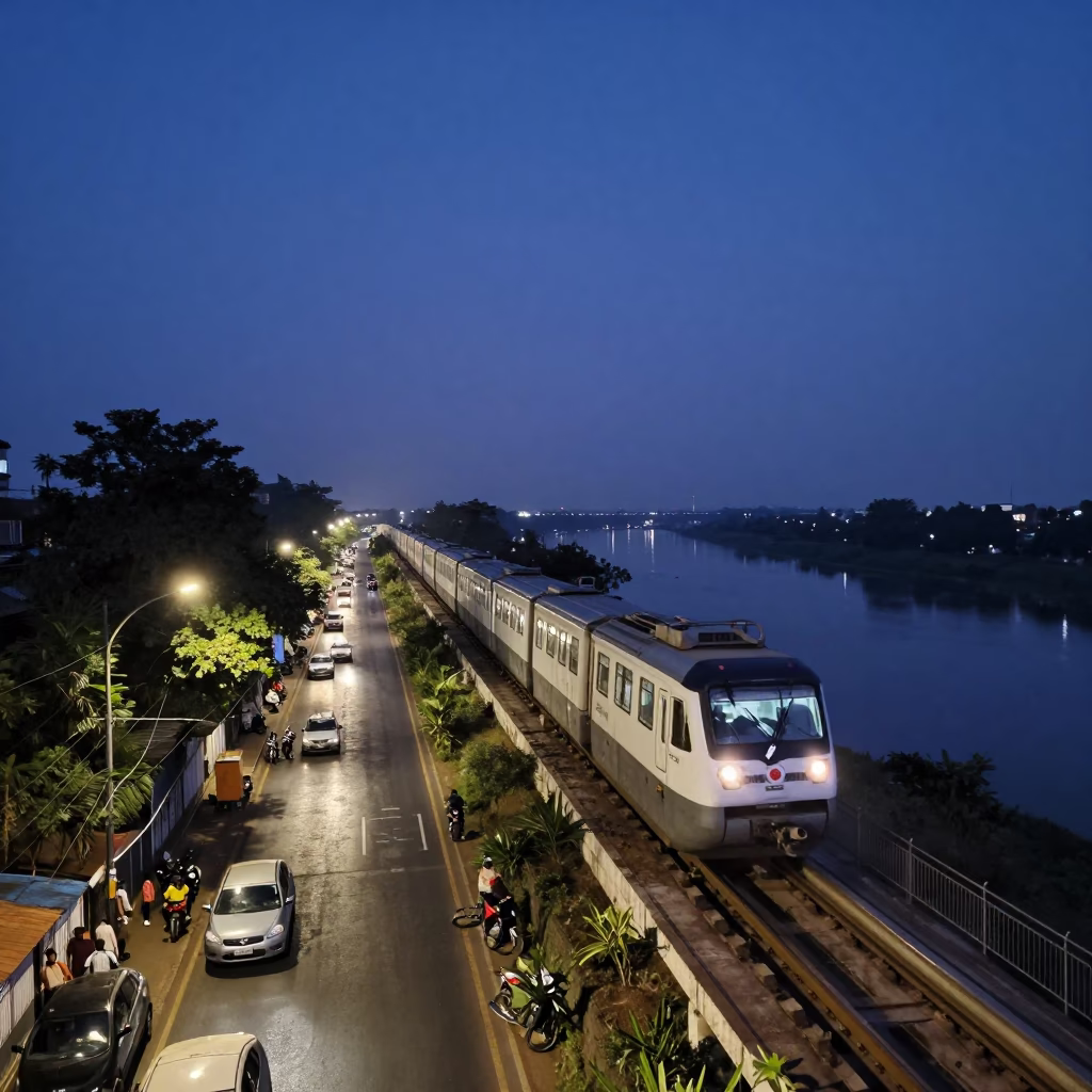 Predawn Hyderabad Street Scene with Monorail and Local Morning Routine in in Hyderabad, India