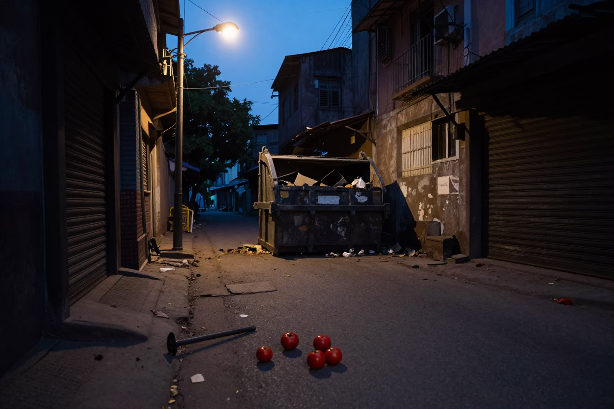 Predawn Hyderabad street scene with red tomatoes and crowbar near gutted storefront in in Hyderabad, India
