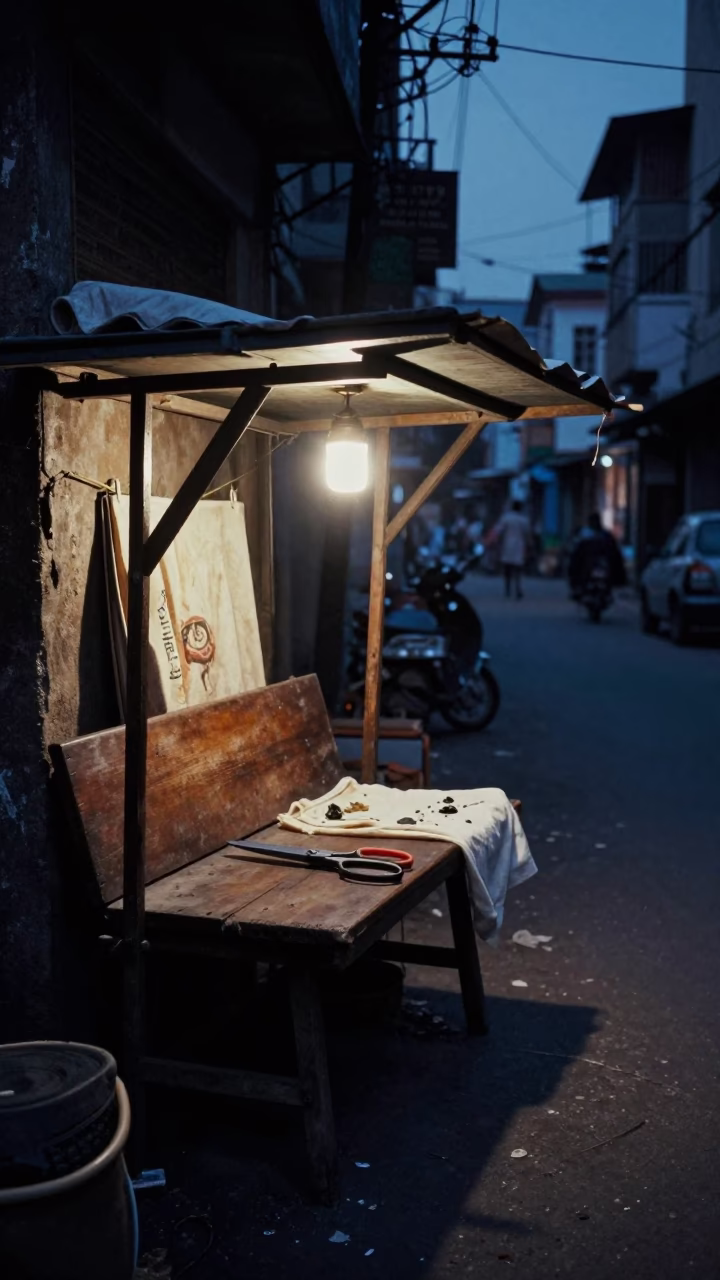 Predawn Hyderabad Street Scene with Tailor Shears and Grease Sheen on Bench in in Hyderabad, India
