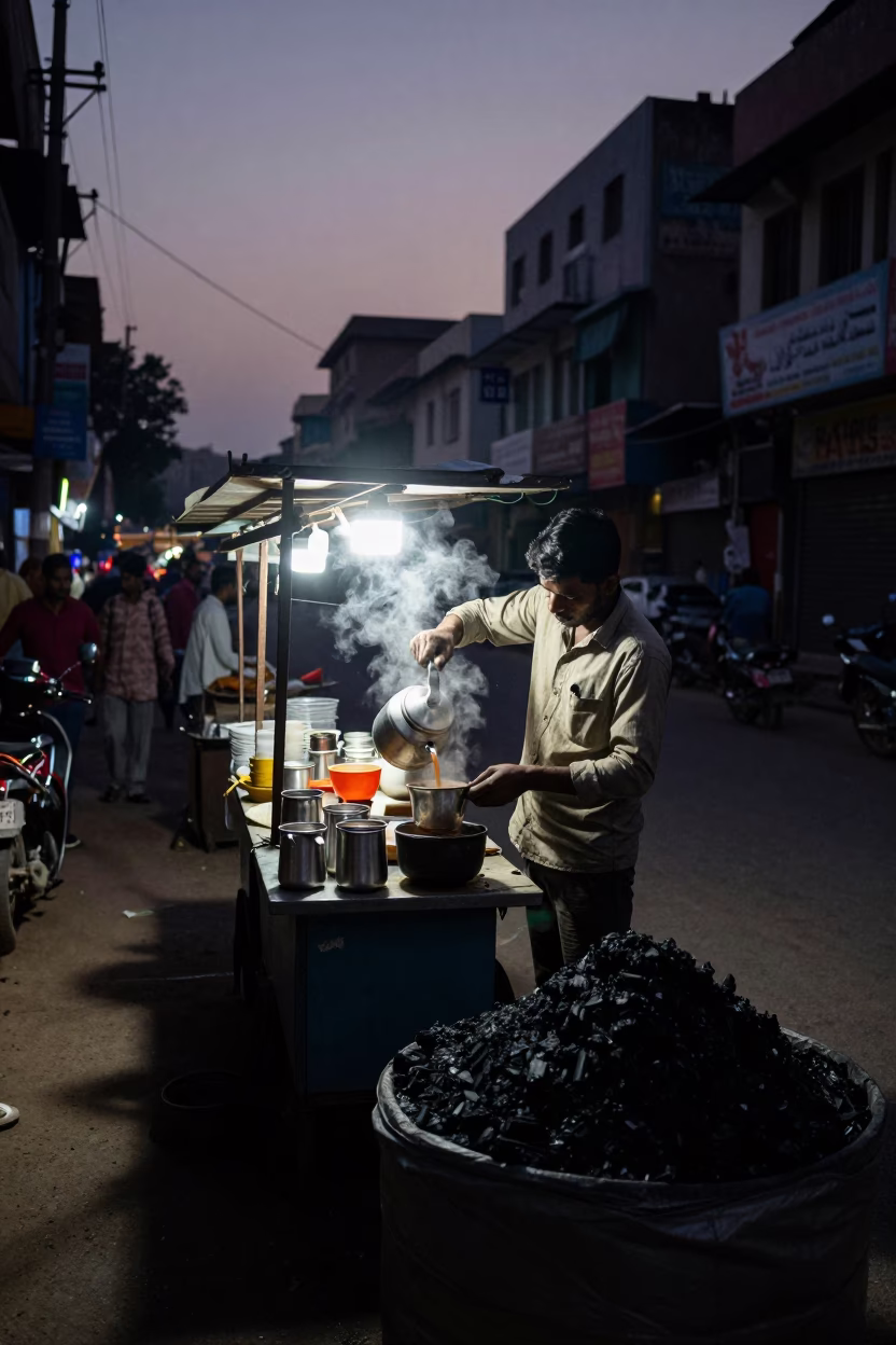 Predawn Hyderabad Street Scene with Tea Vendor and Coal Stove in in Hyderabad, India