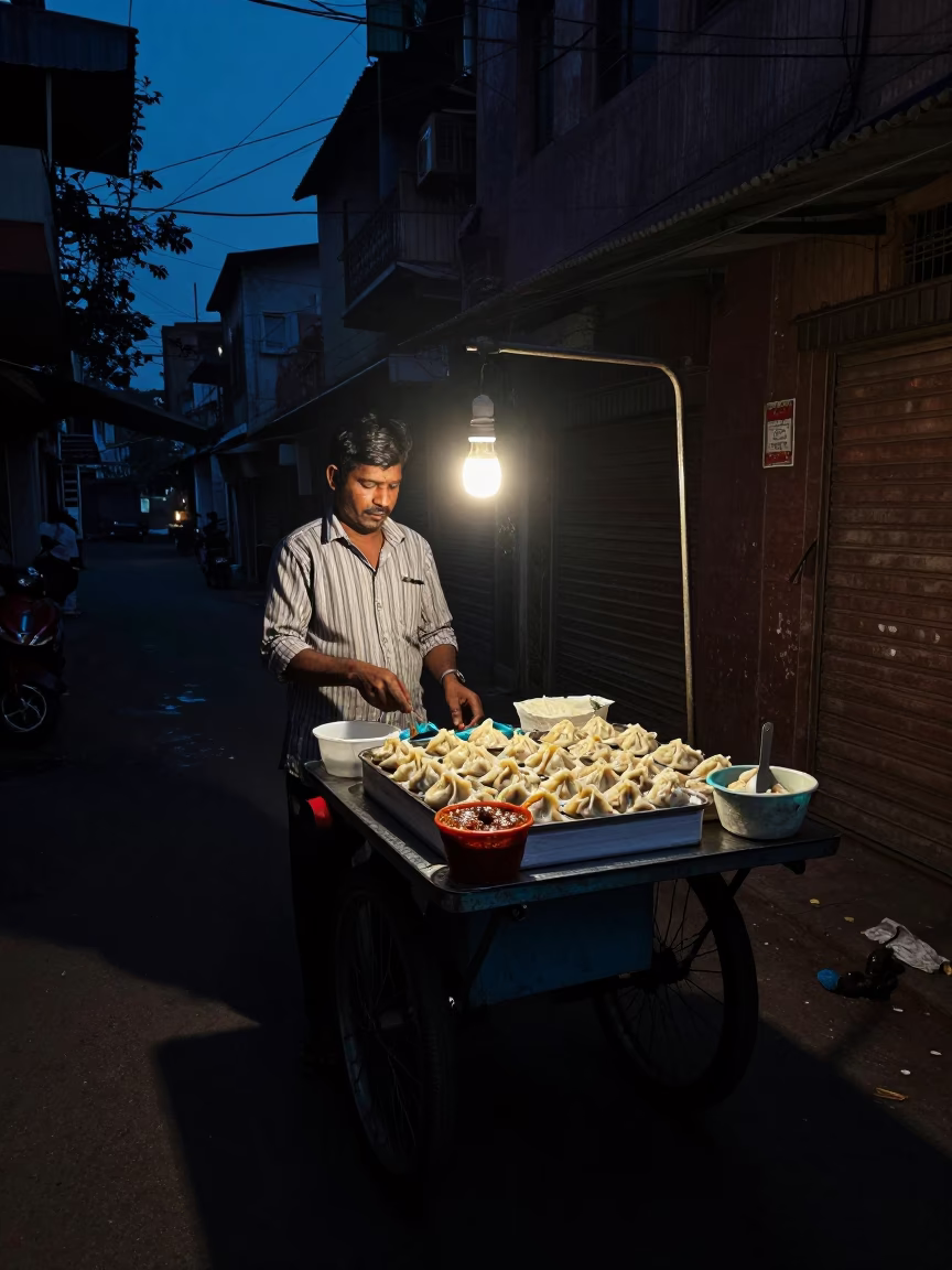 Predawn Hyderabad Street Vendor Selling Momos and Spicy Chutney in Dark Alley in in Hyderabad, India