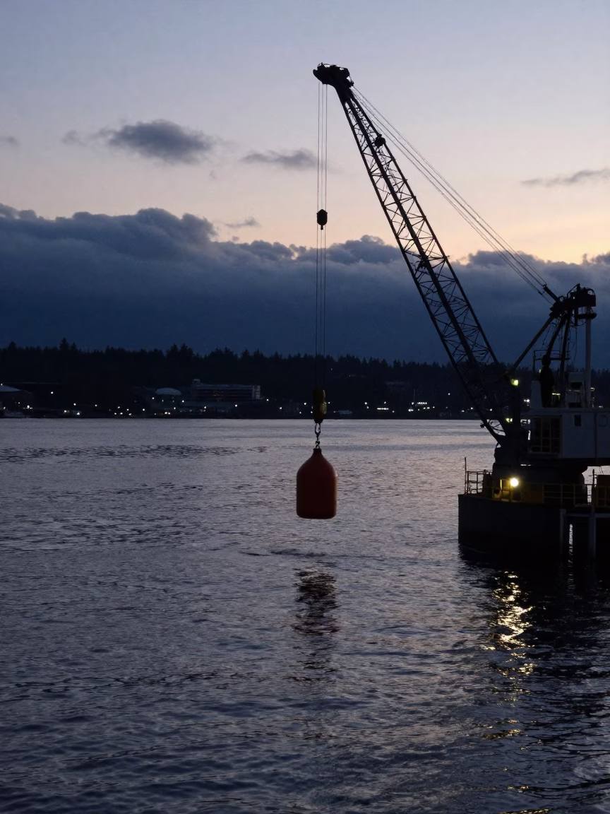 Predawn Hydrophone Buoy Crane Operation on Vancouver Harbour Waters in in Vancouver, British Columbia, Canada