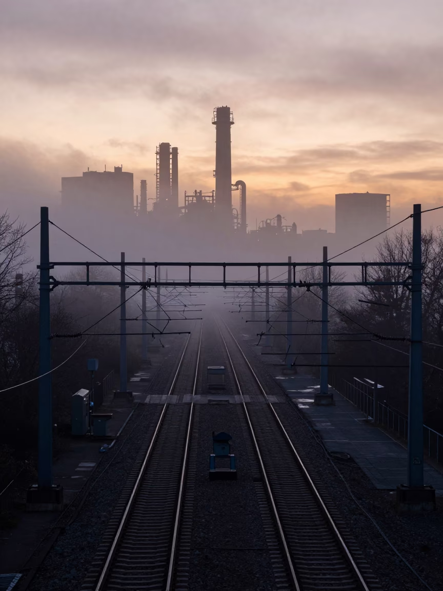 Predawn Industrial Fog and Rail Catenary System in Bristol United Kingdom in in Bristol, United Kingdom