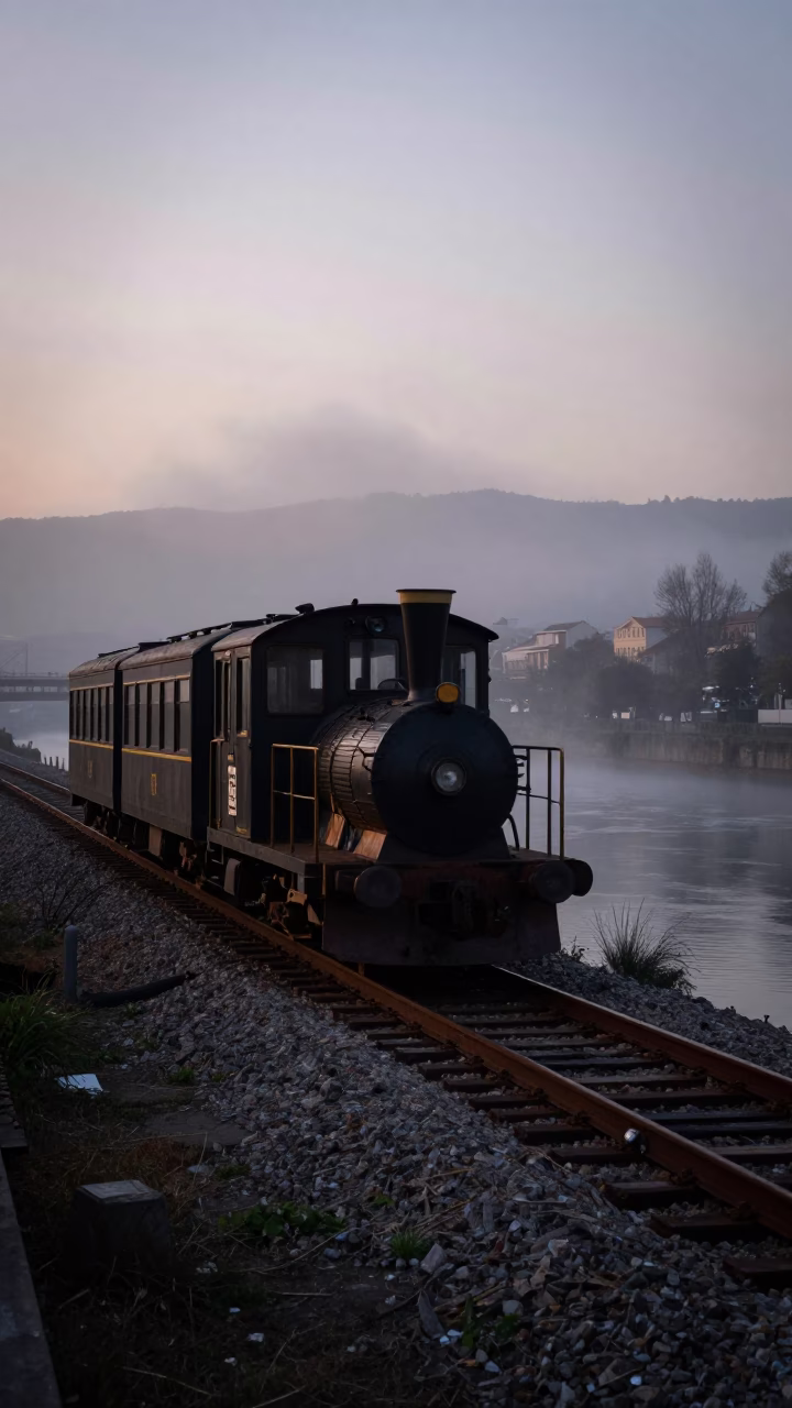 Predawn Industrial Riverbank Scene in Bilbao Spain with Narrow Gauge Train Tracks in in Bilbao, Spain