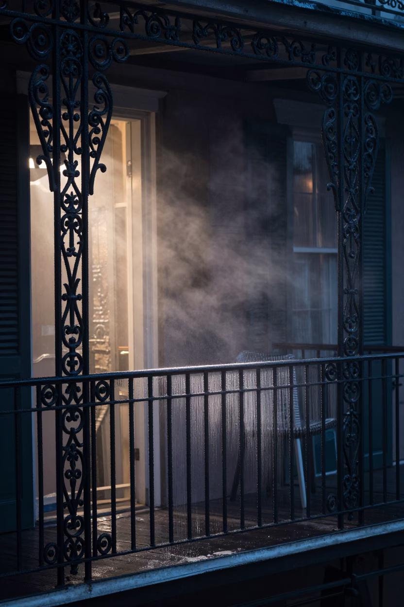 Predawn Ironwork and Condensation on a New Orleans Balcony in Louisiana in in New Orleans, Louisiana, United States