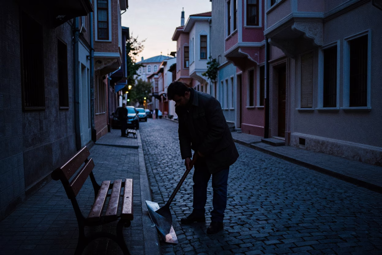 Predawn Istanbul Street Scene with Bench Scraper and Early Morning Light in in Istanbul, Turkey