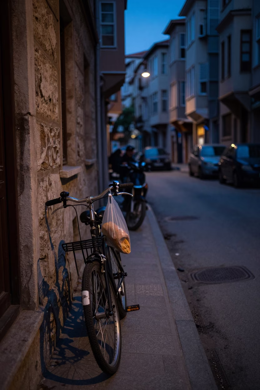 Predawn Istanbul Street Scene with Bicycles and Urban Details in Turkey in in Istanbul, Turkey