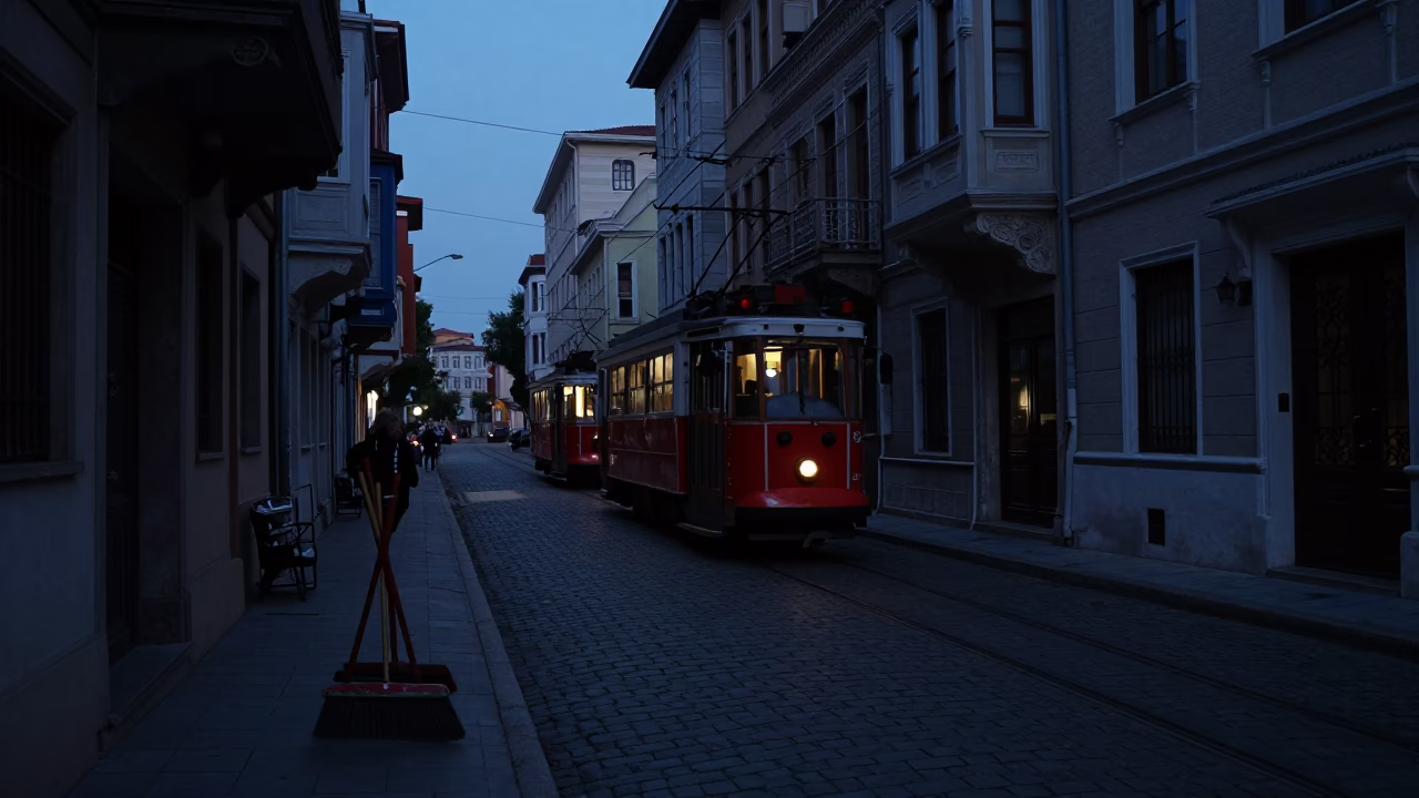 Predawn Istanbul Street Scene with Brooms and Tram in Darkness in in Istanbul, Turkey