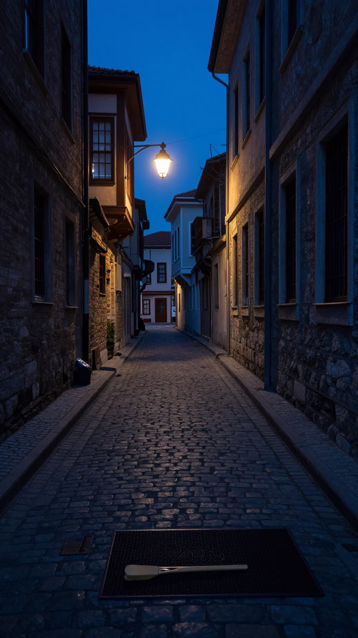 Predawn Istanbul Street Scene with Brush and Doormat in Dark Alleyway in in Istanbul, Turkey