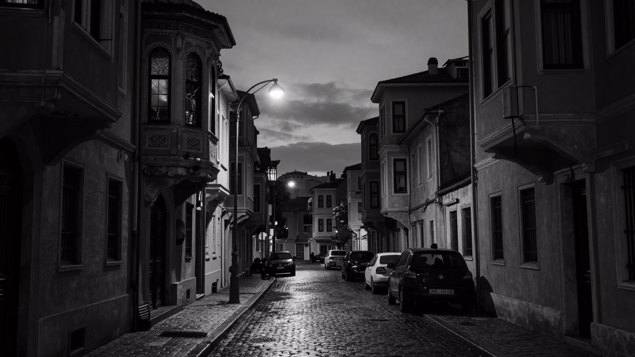 Predawn Istanbul Street Scene with Cracked Observatory Window and Face Reflection in in Istanbul, Turkey