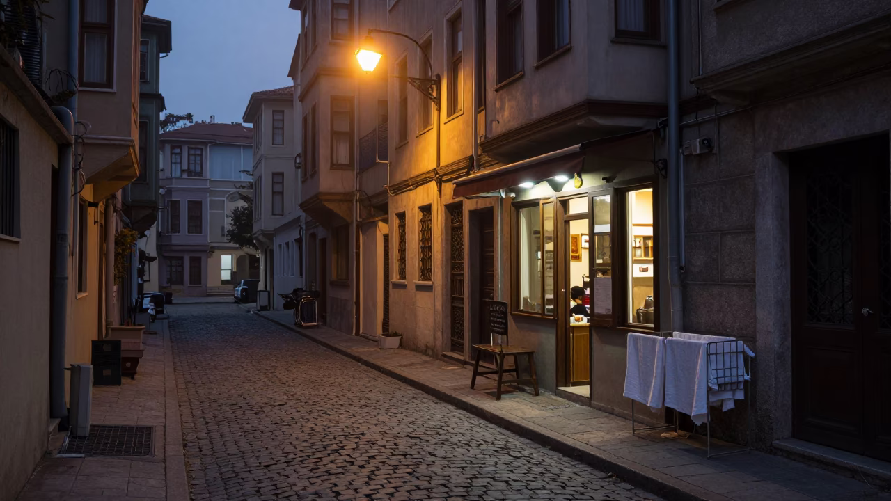 Predawn Istanbul Street Scene with Dish Rack and Linen Fringe in 1970s Turkey in in Istanbul, Turkey