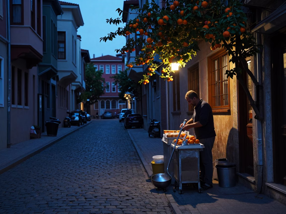 Predawn Istanbul Street Scene with Ladle and Apricots in Bosphorus Neighborhood in in Istanbul, Turkey