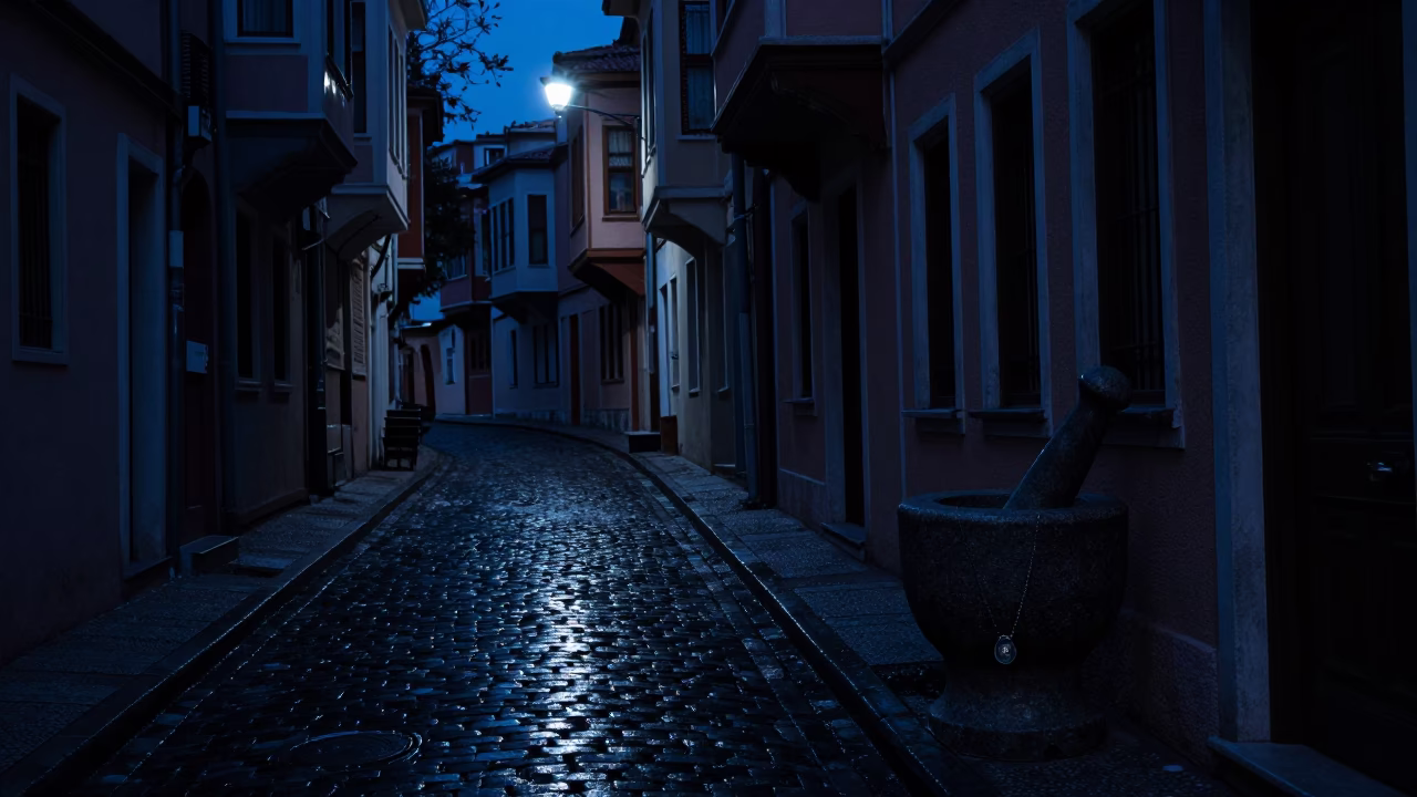 Predawn Istanbul Street Scene with Mortar Pestle and Amulet in Low Light in in Istanbul, Turkey