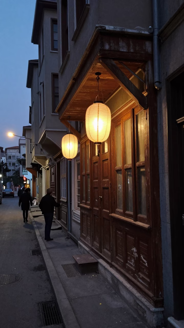 Predawn Istanbul Street Scene with Paper Lantern and Wash Basin in Turkish Neighborhood in in Istanbul, Turkey